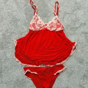 Vintage Victoria's Secret Red and White Lace Baby Doll Set